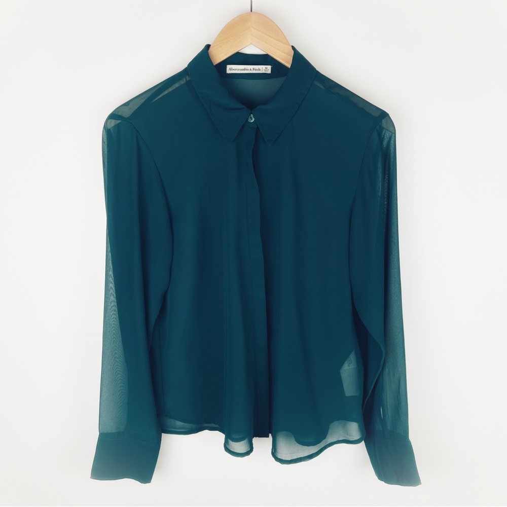 Abercrombie & Fitch Sheer Button Down Long Sleeve Blouse Dark Green Size M